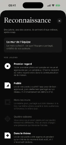 Écran des jalons obtenus par un contributeur.